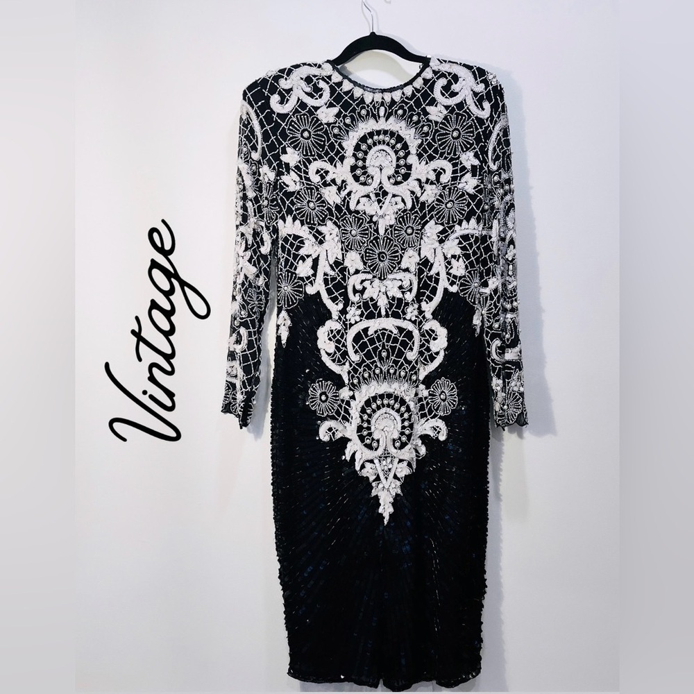 Vintage Swee Lo Silk Black White Pearl Beaded Long Sleeve Sheath Dress sz Small